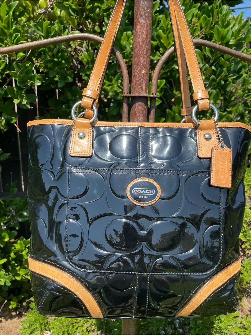 Coach F22322 Black Embossed Patent Signature Tote Bag Leather Trim Hangtag